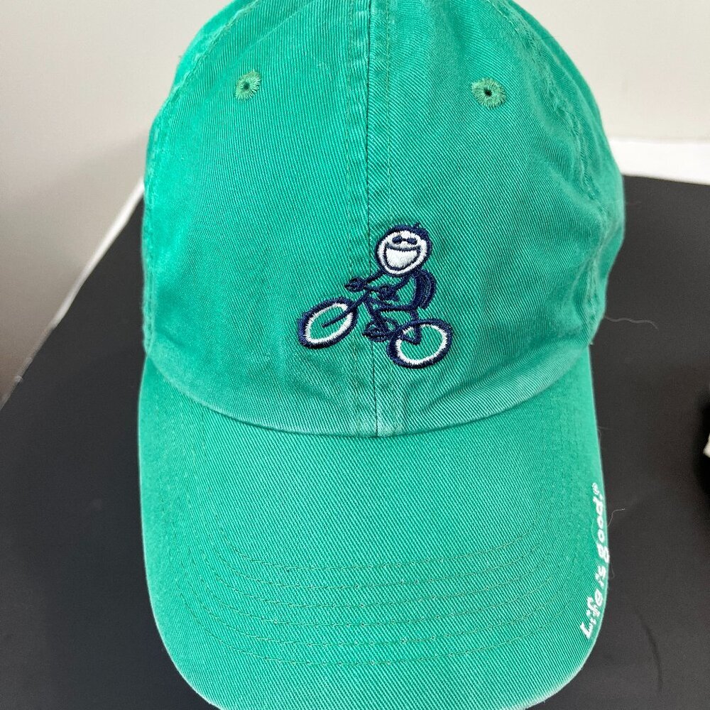 Unisex Life is Good Green Cotton Baseball cap, OSFA, Jake on a Bike